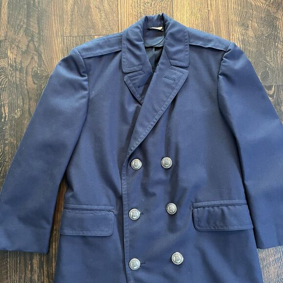 VINTAGE MARCIE DALE AIR FORCE OVERCOAT MENS 35 XS WOOL BLUE PEWTER BUTTONS 70s - Picture 4 of 13